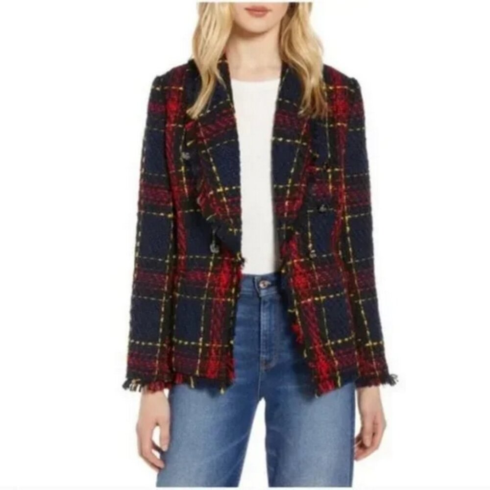 HALOGEN Blazer Red Tartan Plaid Twee Double Breasted Preppy Heritage Power Coat